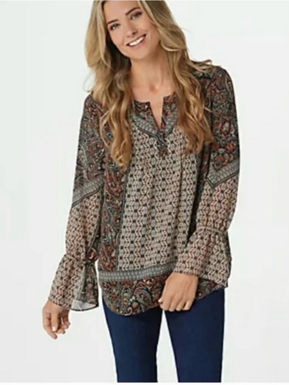 Belle by Kim Gravel Paisley Mixed-Print Peasant Blouse - Brown, Black